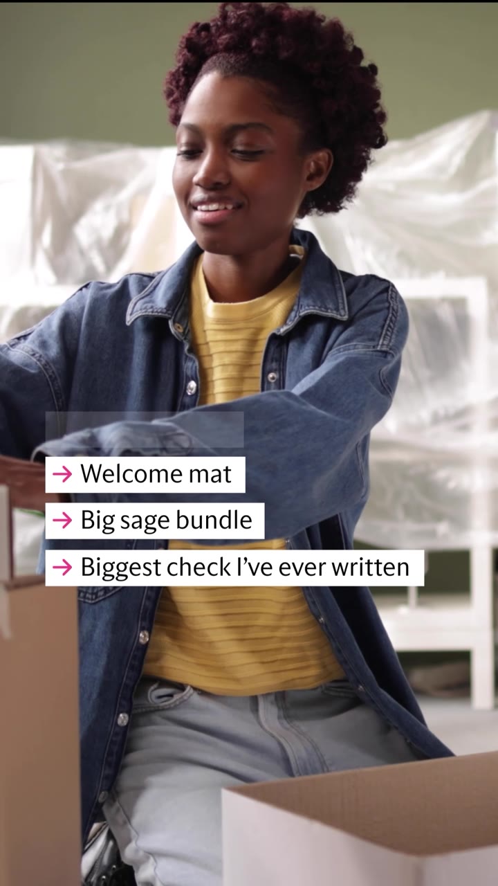 New Apartment social video showing a woman unpacking her first apartment with animated checklist graphics